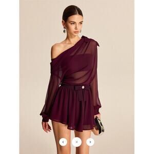 Semi-Sheer Chiffon One-Shoulder Bow Detail Skirt Set Sz M